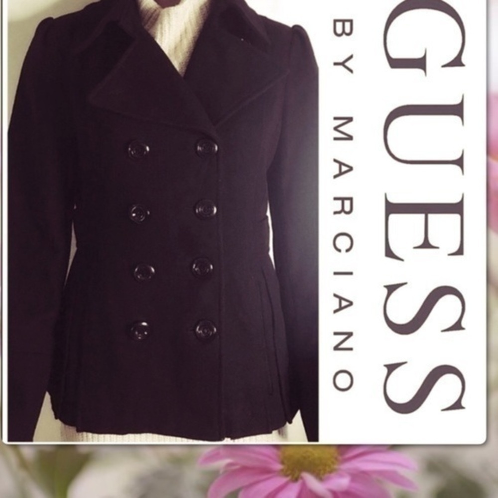 GUESS WOOL DOUBLE BREASTED BLACK PEACOAT JACKET M - Picture 4 of 10